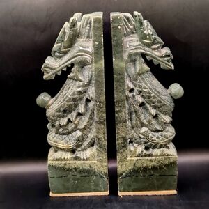 Vintage Pair Hand Carved Solid Genuine Green Jade Dragon Bookends - 10" Tall